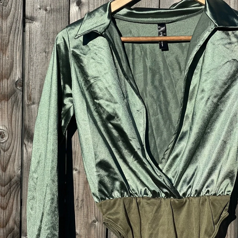 Good times USA Appeal Satin Wrap Bodysuit in Olive Green - Picture 8 of 11